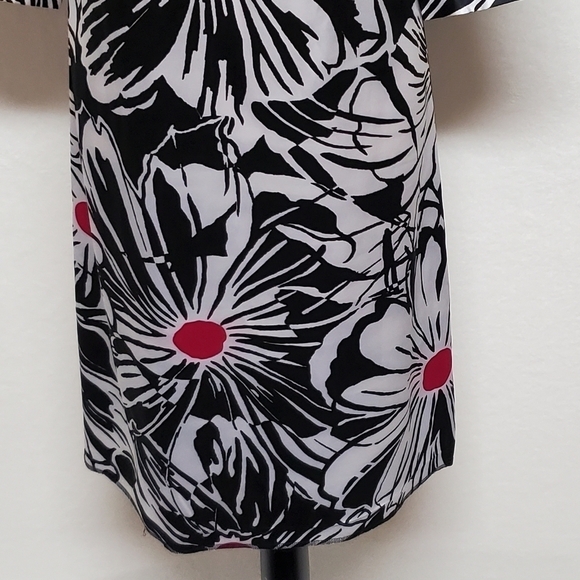 VINTAGE 90s Chico's Black Fuschia Satin Abstract Floral V-neck Shift Dress - Picture 4 of 11